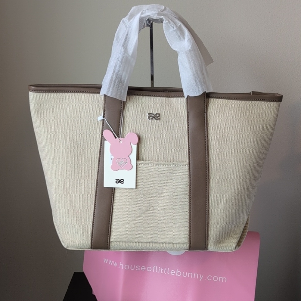 House of Little Bunny Beige and Brown Canvas Tote Bag